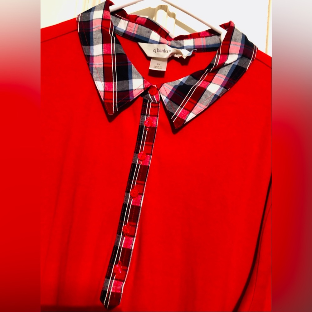 CJ Banks brand Woman’s Solid Red Shirt with plaid collar & cuffs Size 2XL